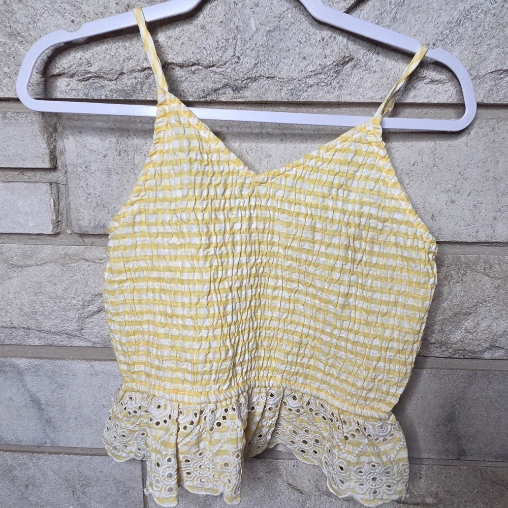 Sim & Sam Womens Yellow Gingham Smocked Eyelet Lace Peplum Camisole Top Size M